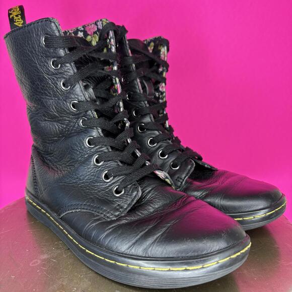 Dr. Martens Stratford Black Leather Floral Lined Lace-Up Boot Sz 6 - Picture 1 of 8